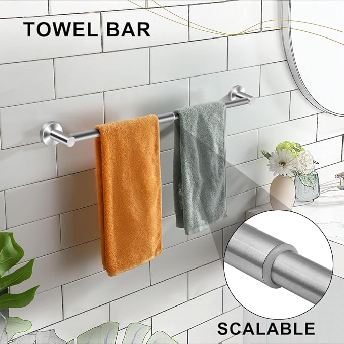 MGahyi 5 Pieces Bathroom Accessories Set, Stainless Bathroom Hardware Set, Extendable Towel Racks for Bathroom(12.8-24.8inch), Robe Towel Hooks Toilet Paper Holder Towel Ring (Silver)