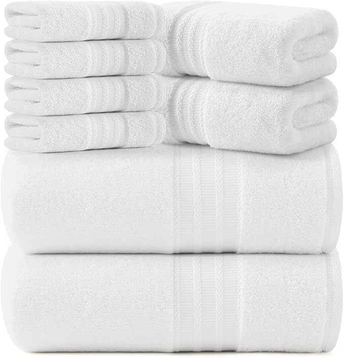 REDKISS 8 Piece White Towels Set - 100% Cotton Towels Set with 2 Large Bath Towels, 2 Hand, 4 Washcloths, 600 GSM Highly Absorbent Bath Towel Sets, White Quick Dry Shower Towel for Family Dorm Gym