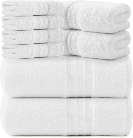 REDKISS 8 Piece White Towels Set - 100% Cotton Towels Set with 2 Large Bath Towels, 2 Hand, 4 Washcloths, 600 GSM Highly Absorbent Bath Towel Sets, White Quick Dry Shower Towel for Family Dorm Gym