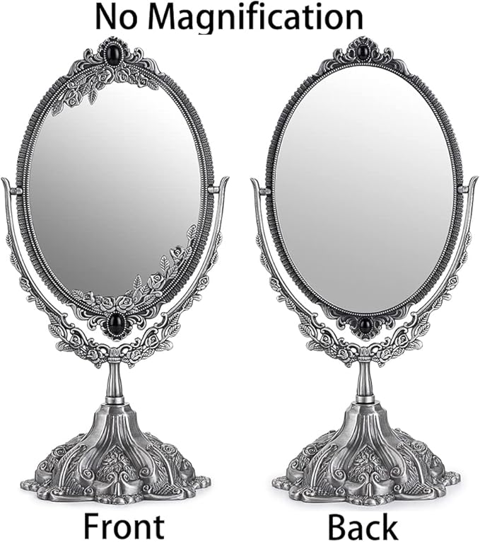 JUXYES Metal Tabletop Antique Decorative Makeup Mirror with Stand, Vintage Swivel Double Sided Cosmetic Mirror with Frame, Retro Desktop Oval Dressing Mirror for Bathroom Bedroom