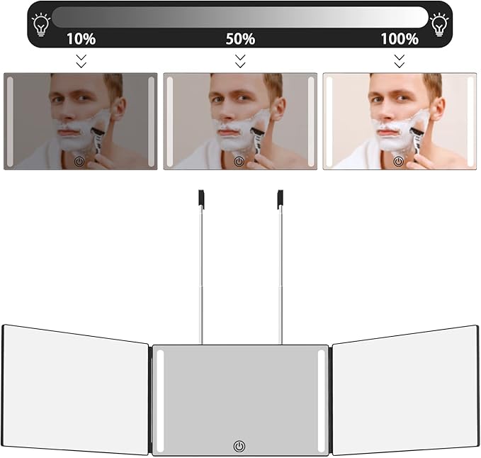 OLIBUY 3 Way Mirror with LED for Hair Cutting, Tri-fold Mirror for Shaver and Makeup, Adjustable Telescoping Hooks-with LED Version