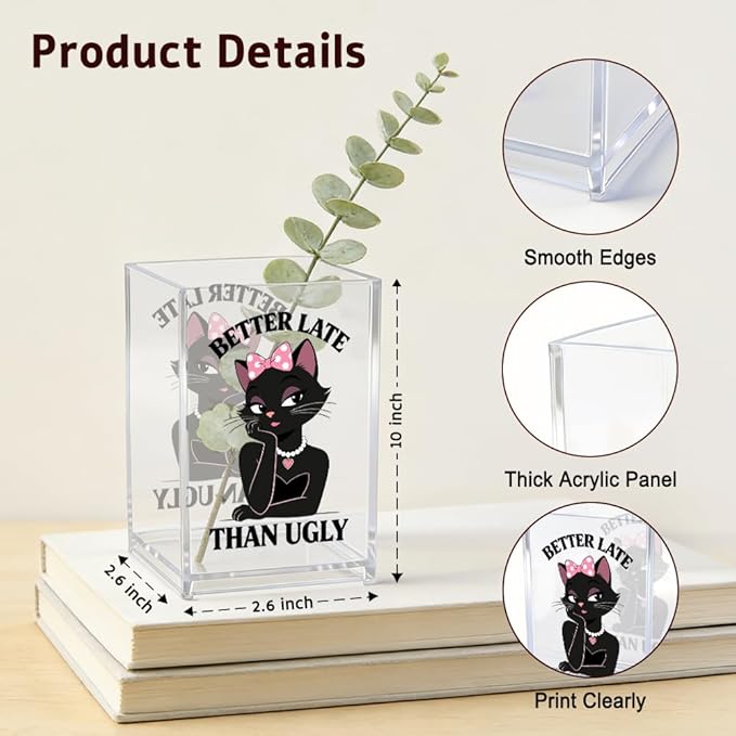 Better Late Than Ugly Acrylic Makeup Cup Pencil Pen Holder, Vanity Accessories Makeup Organizer for Women Daughter, Black Cat Desk Accessories Make Up Brush Organizer for Girls Sister Friend