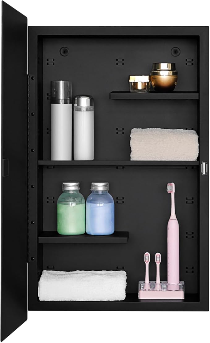 Fundin Black Medicine Cabinet Recessed or Surface Mount, Bathroom Medicine Cabinet with 16 x 26 Beveled Mirror and Adjustable Staggered Shelves