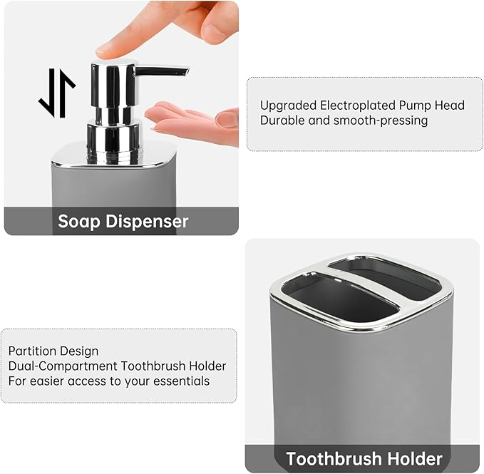 Grey Bathroom Accessories 2 Pieces, Soap Dispenser and Toothbrush Holder Set for Boho Bathroom