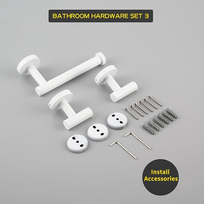 GERZWY 3-Piece Bathroom Accessories Hardware Set SUS 304 Stainless Steel - 2X Coat Hook Toilet Paper Holder, White