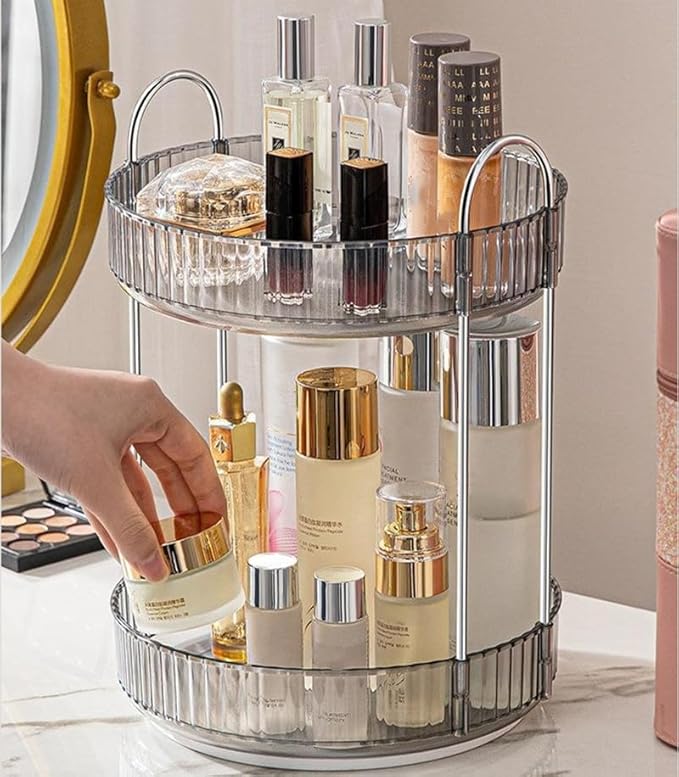 Makeup Organizer for Vanity, 360° Rotating Bathroom Organizer Countertop, High-Capacity Skincare Organizer, Spinning Cosmetics Organizer for Dresser Countertop (2 Tiers, Grey)