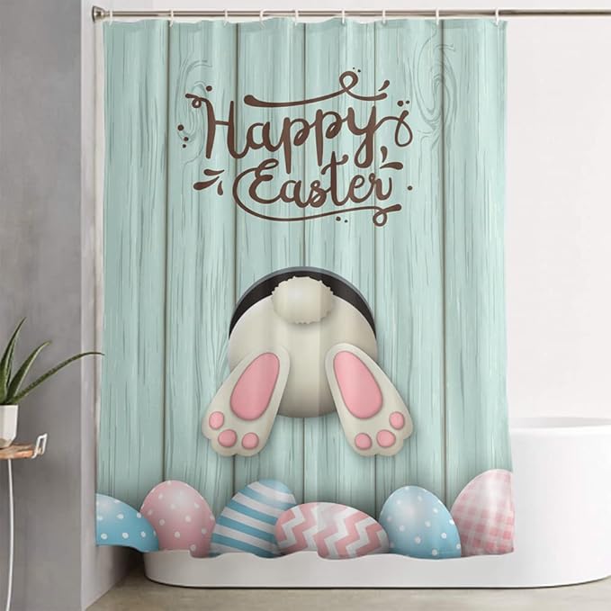 LOKMU 4 Pcs Shower Curtain Sets with Non-Slip Rugs, Toilet Lid Cover and Bath Mat,Easter Motive White Bunny on The Bottom Waterproof Shower Curtain with 12 Hooks, Bathroom Decor Sets, 72" x 72"