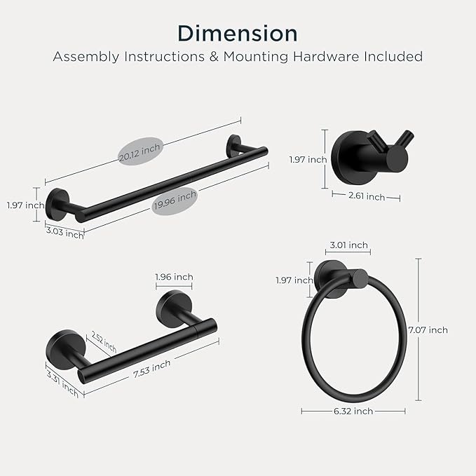 FORIOUS Bathroom Hardware Accessories Set, SUS304 Stainless Steel Towel Bar Set, Modern Towel Racks Holder for Bathroom, Toilet Paper Holder Wall Mounted 4 Pieces(18" Bar, Matte Black)