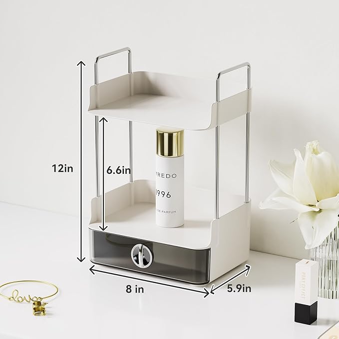 Small Makeup Vanity Organizer with Drawer, 2-Tier Bathroom Countertop Organizer with Metal Support, 7.8"x5.9" Compact Perfume Organizer for Dresser, Skincare & Lotion Storage, White
