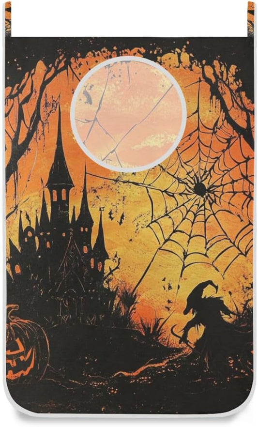 Witch Castle Halloween Door Hanging Laundry Hamper Bag with Free Adjustable Stainless Steel Hooks Dirty Clothes Hamper Extra Large Over the Door Laundry Hamper 29.5X20inch 1 PCS