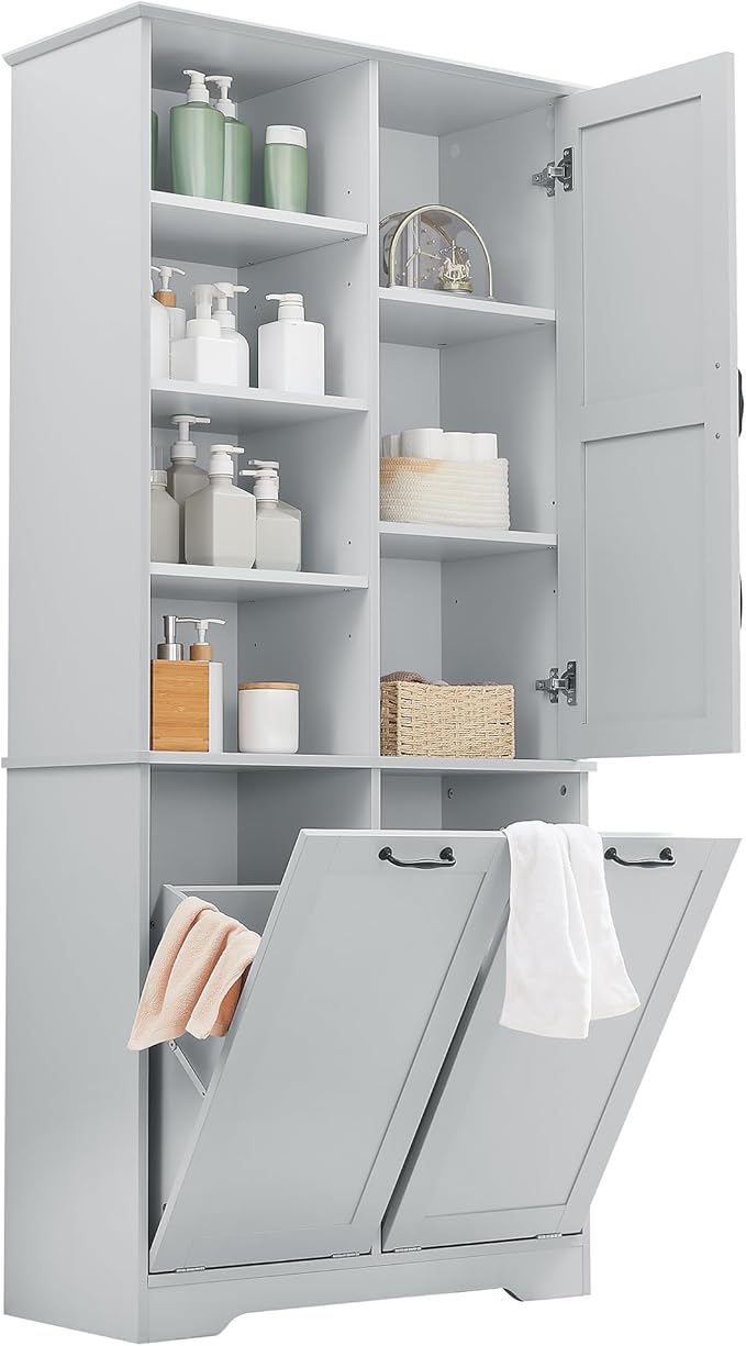 Virubi Tall Laundry Cabinet with 2 Tilt Out Laundry Hampers, Wood Bathroom Storage Cabinet with Doors and Adjustable Shelves, for Bathroom Sotrage Organization, Freestanding, Grey