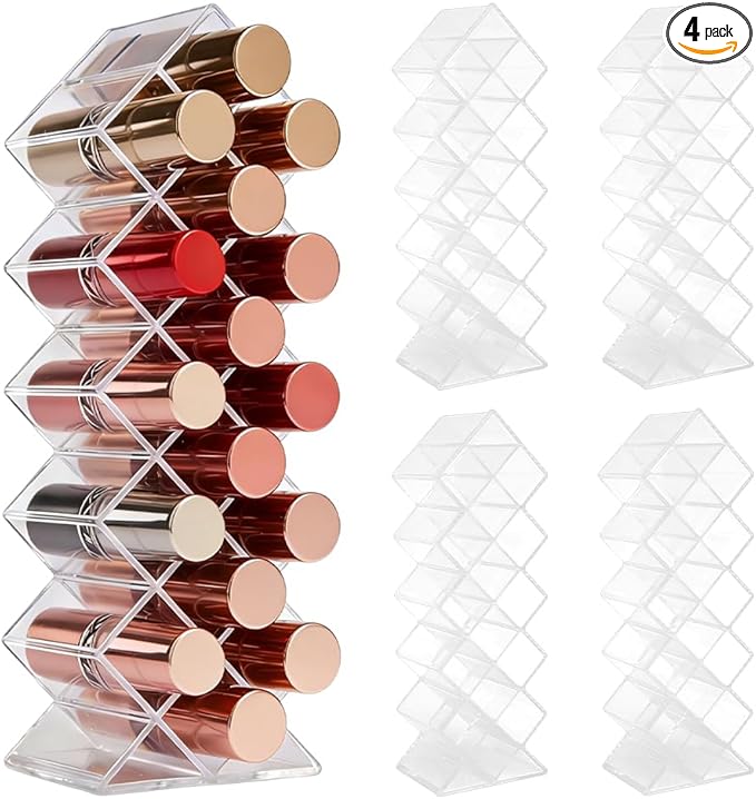 AKAZA 4 Pack Acrylic Lipstick Holder Organizer, 64 Slot Clear Makeup Storage for Lip Gloss, Lipstick, Cosmetics, Skincare, Perfume – Vanity Display Tower,Fish Shape Decorative Stand