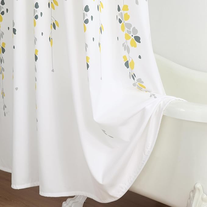 Stall Fabric Shower Curtain, Yellow and Gray Floral Flower Shower Curtains for Bathroom, Waterproof Bathroom Curtains, 54" W x 72" H