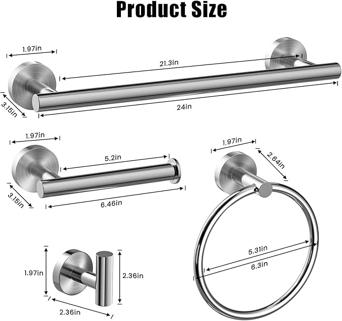 Bathroom Hardware Set 5 Pieces, SUS304 Stainless Steel Bathroom Accessories Set, 24 Inch Towel Bar Set, Round Bathroom Accessories Kit Wall Mounted, Simple Design for All Bathrooms (Polished Chrome)