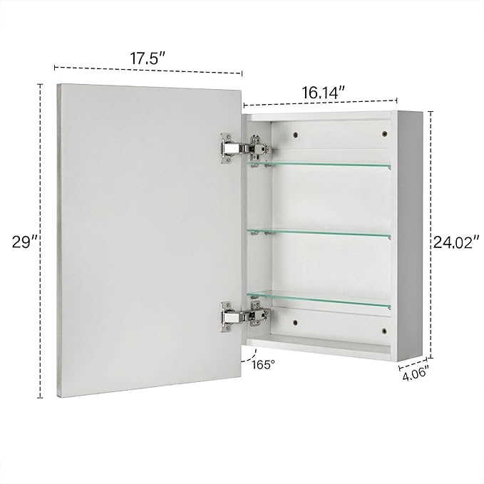 TEHOME 17.5'' x 29'' Brushed Nickel Recessed and Surface Mount Bathroom Medicine Cabinet with Mirror Square Cornered Metal Framed Rounded Rectangle Medicine Cabinet Mirror