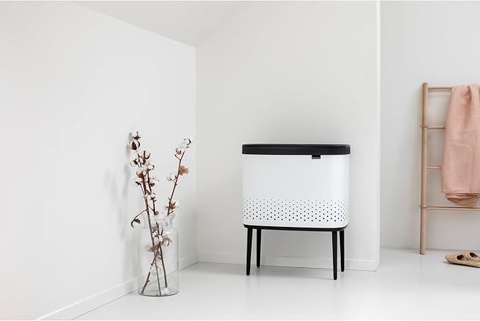 Brabantia Bo Laundry Hamper (White) Removable Laundry Bag 16 Gal, Ventilated Stylish Discreet Dirty Clothes Holder, Flat Back, Anti-Rust Materials for Bathroom Use