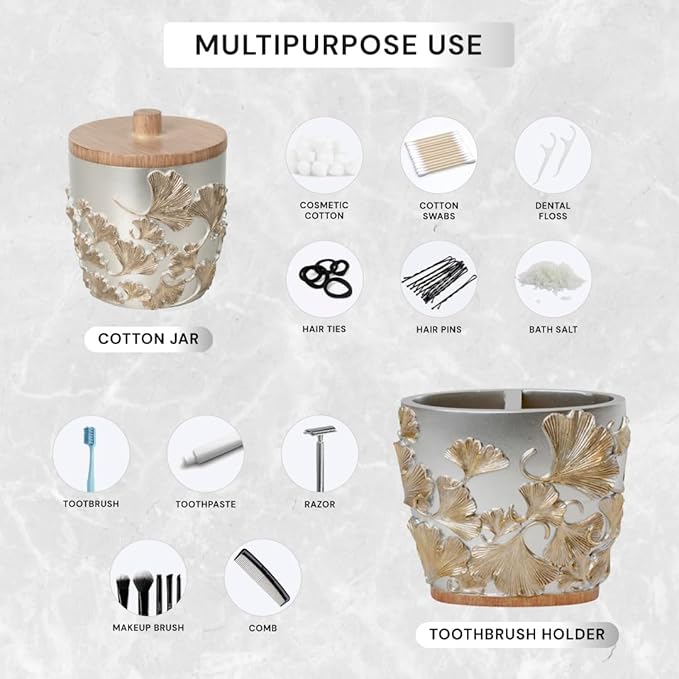 Decozen Bathroom Accessories 6Pcs Set, Soap Dispenser, Toothbrush Holders, Tumbler, Soap Dish & Cotton Swab Jar – Modern Bathroom Decor, Modern Farmhouse Decor, Countertop Accessories, Gold Champagne