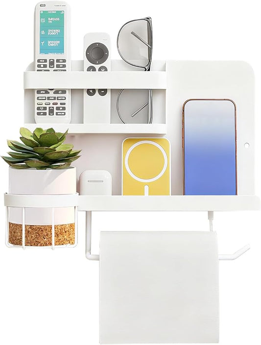 Bedside Wall Organizer Metal Shelf with Cup & Tissue Holder – Waterproof Wall Storage Rack for Dorm Room, Bathroom, Kitchen, and Office (White)