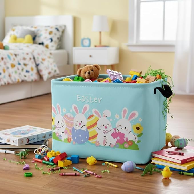 Rectangular Easter Basket Easter Basket for Kids Baby Storage Basket Cute Toy Storage Bin Organizer Shelf Book Basket Easter Room Decor(Cartoon Easter Basket)