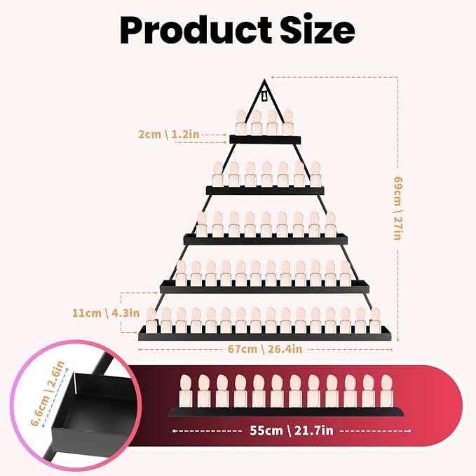 5 Tiers Triangular Nail Polish Rack for The Wall, 10PCS Metal Wall Mounted Display Shelves for Lipstick, Perfume, Home Spa, Salon Shop