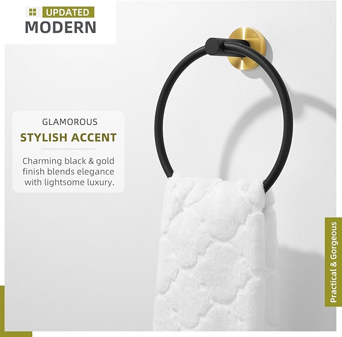 Angle Simple Towel Ring Swivel, Stainless Steel Hand Towel Holder Rack for Bathroom, Black and Gold