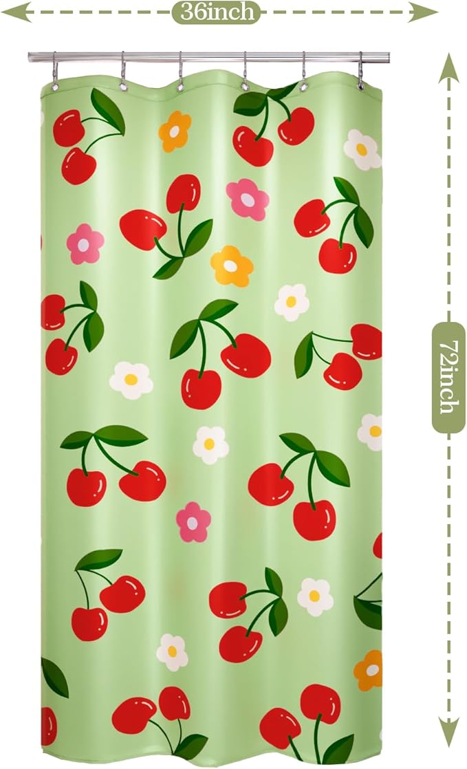 Anybar Fabric Shower Curtain Cute Floral Cherry Curtains Waterproof Soft Polyester Bathroom Curtain- Decor Washable Privacy Cloth Small Stall Shower Curtain for Bathroom Hotel (36x72inch) Green