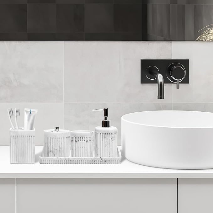 XLHOMO Resin White Marble Bathroom Accessories Set 5 Pcs, Lotion Soap Dispenser, Toothbrush Holder, Bathroom Tumbler, Qtip Holder and Vanity Tray, Bathroom Countertop Organizer Set for Home Apartment