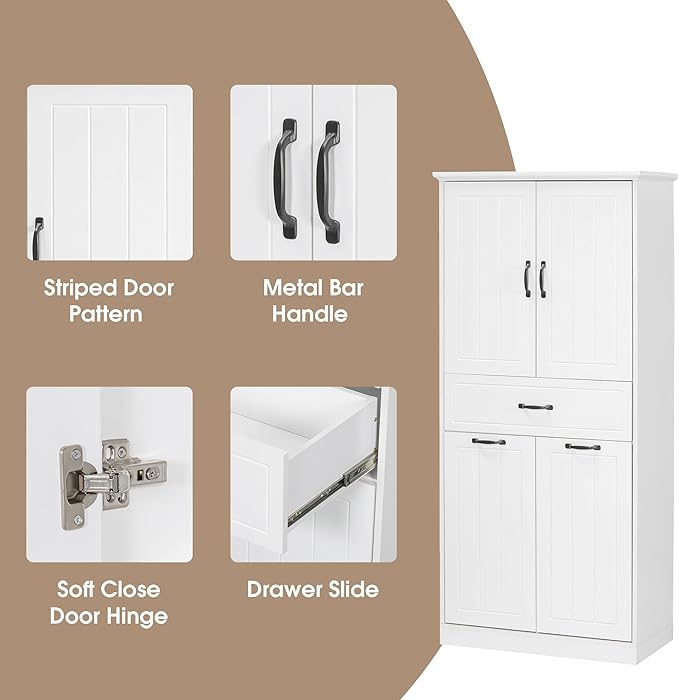 Virubi Tall Bathroom Storage Cabinet with 2 Tilt Out Laundry Hamper, Wood Bathroom Laundry Cabinet with Doors and Drawer for Home, Laundry Baskets, Adjustable Shelves, Freestanding