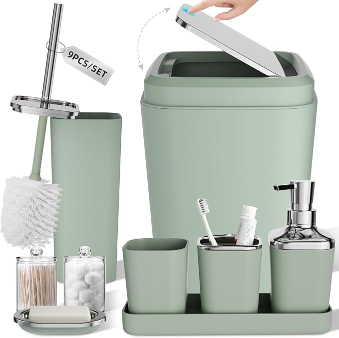 XLHOMO Bathroom Set, Sage Green Bathroom Accessories Set with Press-on Lid Bathroom Trash Can, Soap Dispenser, 10PC Bathroom Accessory Set for Home