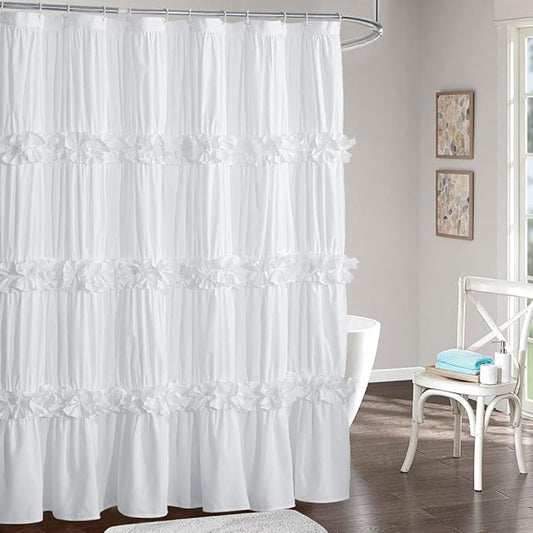 Victorian Ruffle Shower Curtain, Ruched Microfiber Vintage Handcrafted Bow Tie Bath Curtain for Master Bathroom, with 12 Buttonholes, 72" W x 72" H, White (LQ-10)