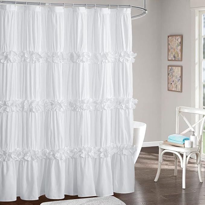 Victorian Ruffle Shower Curtain 72" W x 96" H, Vintage Handcrafted Bow Tie Bath Curtain for Master Bathroom, Ruched Microfiber Bathroom Curtain with 12 Buttonholes, White (LQ-10)