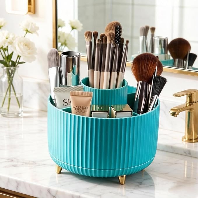 Makeup Brush Holder,360° Rotating Makeup Brush Organizer,5 Slot Make up Brushes Cup for Cosmetics,Large Capacity,For Nail Polish, Art Supply, Bathroom Vanity,Cosmetics Organizer,Blue