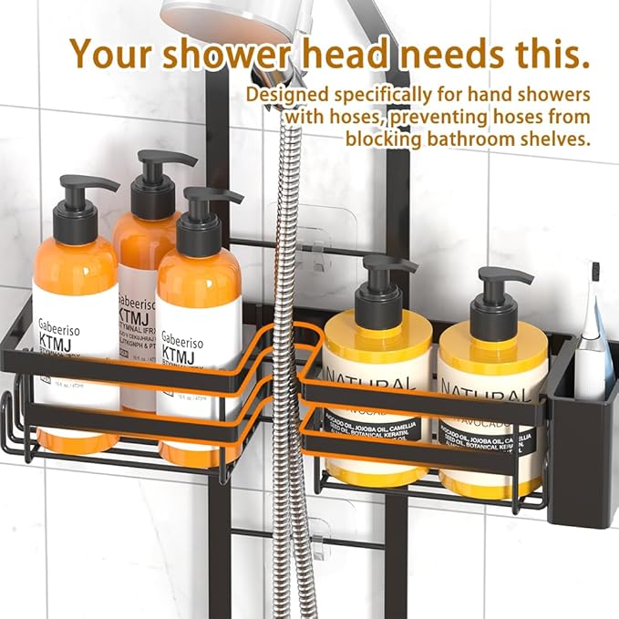 Over the Shower Head Caddy for Handheld Showerhead - Rustproof Hanging Shower Organizer, No Drill 2-Tier Bathroom Storage Shelf with Soap Holder, Matte Black