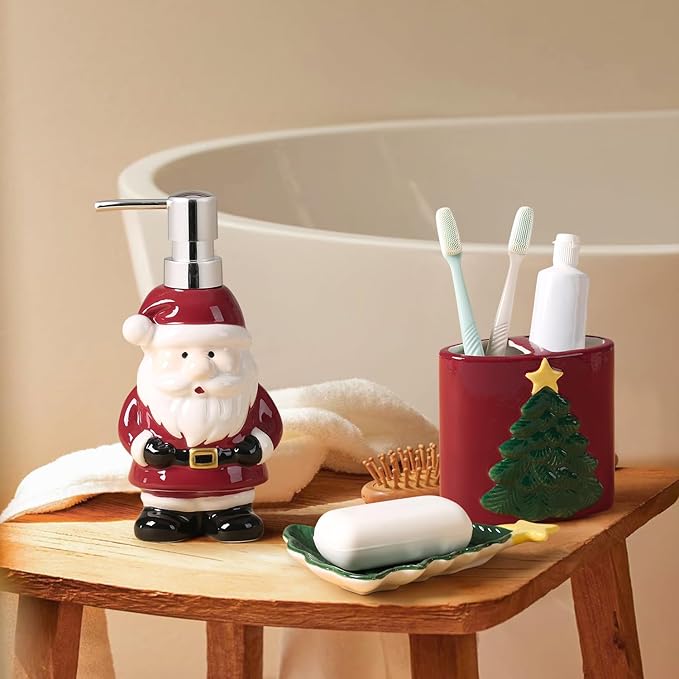 RQYIXI Merry Christmas Bathroom Accessories Set 4 Pieces Toothbrush Holder Soap Dispenser Ceramic Bathroom Accessory Set Contain Toothbrush Cup Soap Dish Tumbler