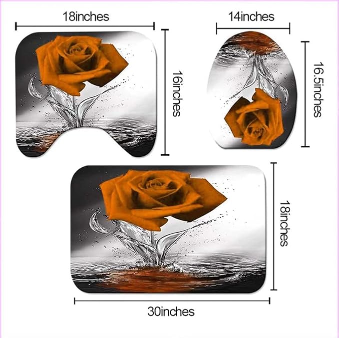 Orange Rose Bathroom Set with Shower Curtain, Non-Slip Rugs, Bath Mat, Toilet Lid Cover and 12 Strong Hooks - Modern Style