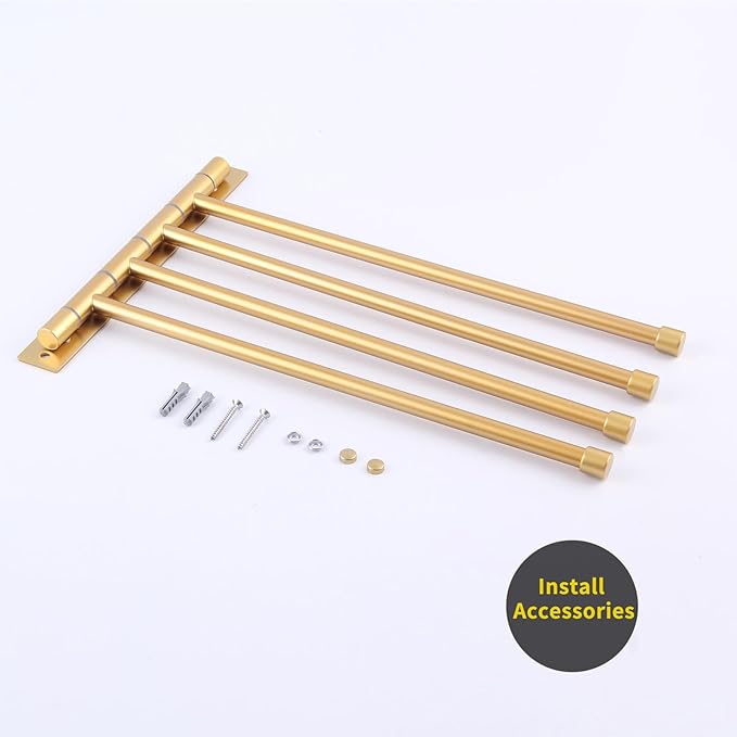 GERZWY Wall Mount Bath Towel Rack with 4 Arms Hanger Towel Holder Bathroom Swing Arm Towel Bars Organizer Stainless Steel Gold Finished HYG04-BE