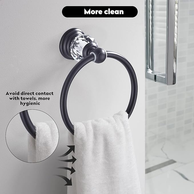 WINCASE Crystal Towel Ring, Black Hand Towel Holder, Bathroom Round Towel Hanger Racks Wall Mount Matte Black