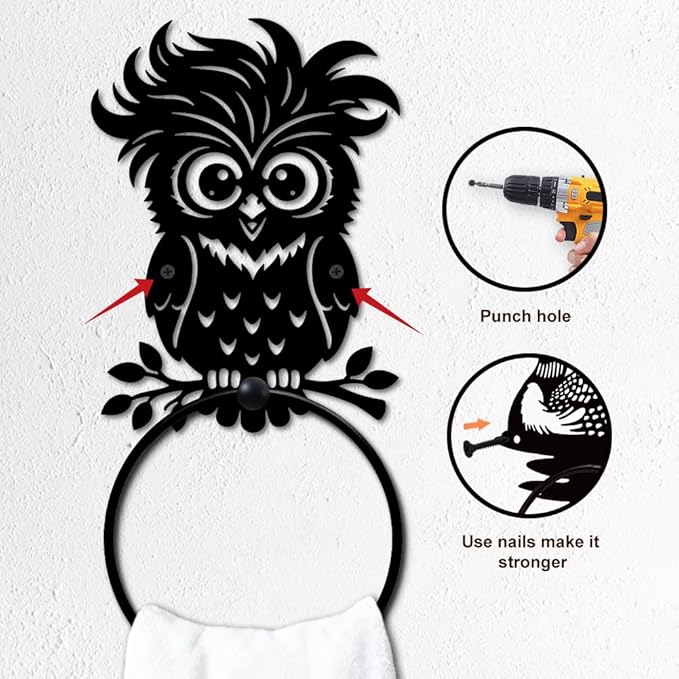 MAYJOYDIY Cute Owl Metal Towel Ring Round Cartoon Bird Hand Towel Holder Animals Ring Hanger Wall Mount Black Vintage Towels Wall Organizer for Kitchen Bath Home Laundry Room Decors Gifts