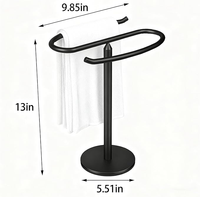 13-inch Black Stainless Steel Freestanding Towel Rack Pole with Dual-Bracket Towel Ring and Hand Towel Holder Bathroom Sink, Kitchen Counter Towel Hardware