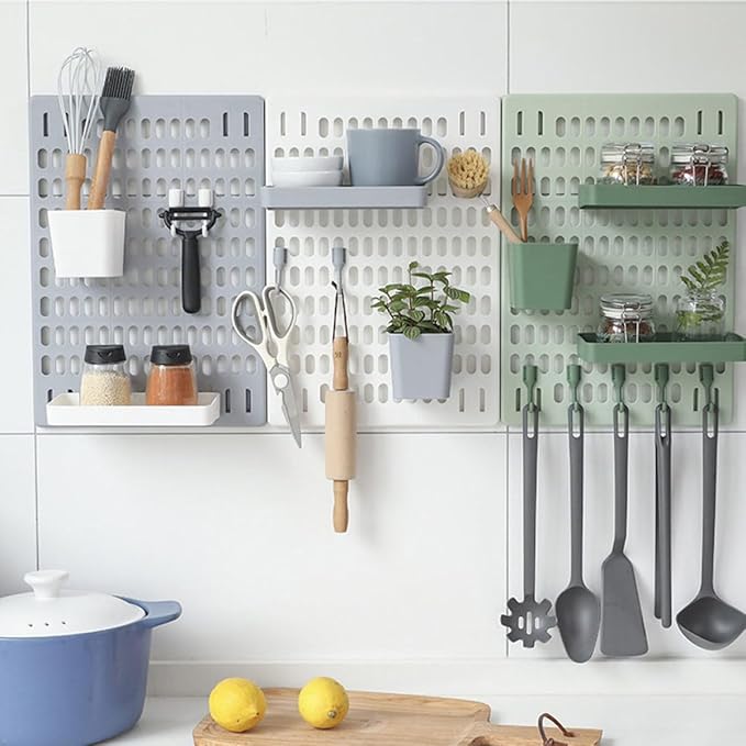 Milisten Wall-Mounted Plastic Storage Rack with Hooks, Large Green Pegboard Organizer Set with Rectangular and Square Boxes for Kitchen and Bathroom Shelves, No-Drill Multifunctional Wall