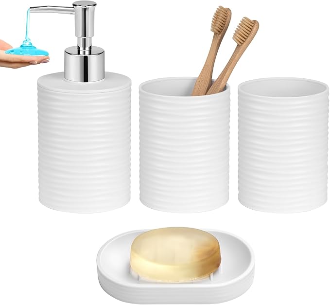 Plastic Bathroom Accessories Set 4Pcs, White Bathroom Accessory Set Includes Liquid Soap Dispenser with Rust-Proof Plastic Pump, 2Pcs Bathroom Cup, Soap Dish for Modern Home Apartment