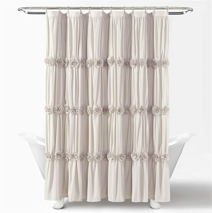 Lush Decor, Neutral Darla Shower Curtain-Ruched Floral Vintage Chic, Farmhouse Style Design, 72 x 72