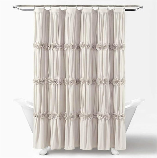 Lush Decor, Neutral Darla Shower Curtain-Ruched Floral Vintage Chic, Farmhouse Style Design, 72 x 72