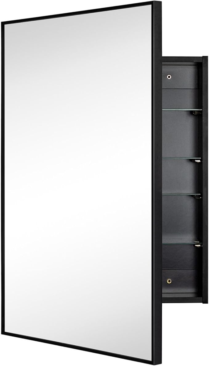 TEHOME 24'' x 30'' Black Recessed and Surface Mount Bathroom Medicine Cabinet with Mirror Matt Black Square Cornered Metal Framed Rounded Rectangle Medicine Cabinet Mirror