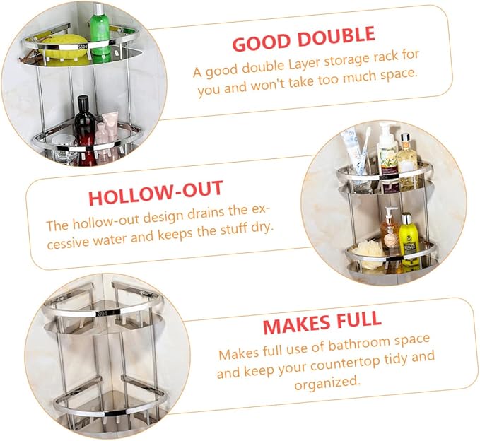 PRETYZOOM Stainless Steel Double Layer Corner Storage Rack Thickened Triangle Bathroom Shelf Organizer with Hollow Out Design for Efficient Space Utilization