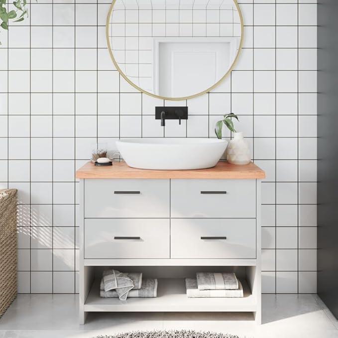 Light Brown Solid Oak Wood Bathroom Countertop 39.4"x11.8"x(0.8"-1.6") with Varnished Surface and Live Edge for Vanity Desk Table Shelf