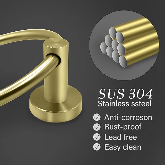 Stainless Steel Gold Towel Ring Hand Towel Holder for Wall Mounted Bathroom Towel Rack holder simple Round Towel Hanger (Brushed Gold)