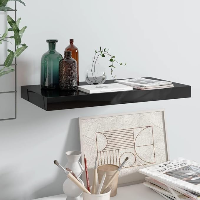 Floating Wall Shelf High Gloss Black 19.7x9.1 Inches Modern Display Rack with Invisible Mounting for Living Room Bedroom Office Decor Storage Organizer