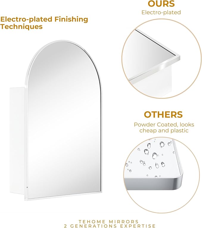 TEHOME 24 x 36'' Polished Nickel Arch Bathroom Medicine Cabinet with Mirror Recessed and Surface Mounted Medicine Cabinet Mirror