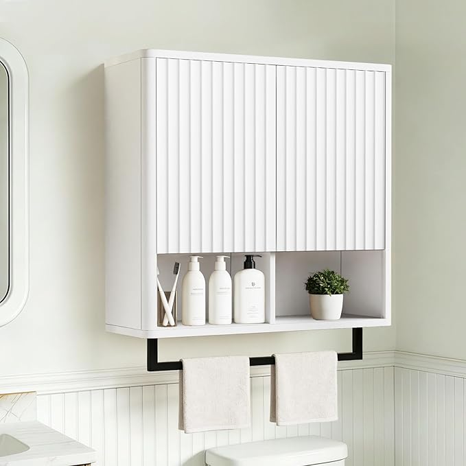 Bathroom Wall Storage Cabinet, Over The Toilet Medicine Cabinet, Hidden Storage & Open Shelves, Small 2-Door Multi-Functional Bathroom Organizer with Towel Bar for Bathroom & Kitchen (White)